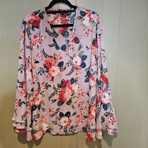 Iman Pink Floral Bell Sleeve Blouse w/ Bell Sleeves Plus-Size 2X, Flowy, Office